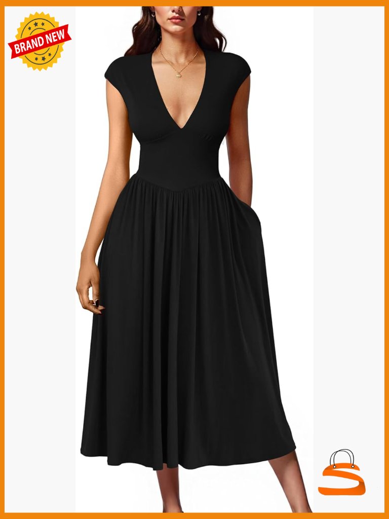 Back Tie Swing Midi Dress With Pockets Deep V Neck Cap Sleeve